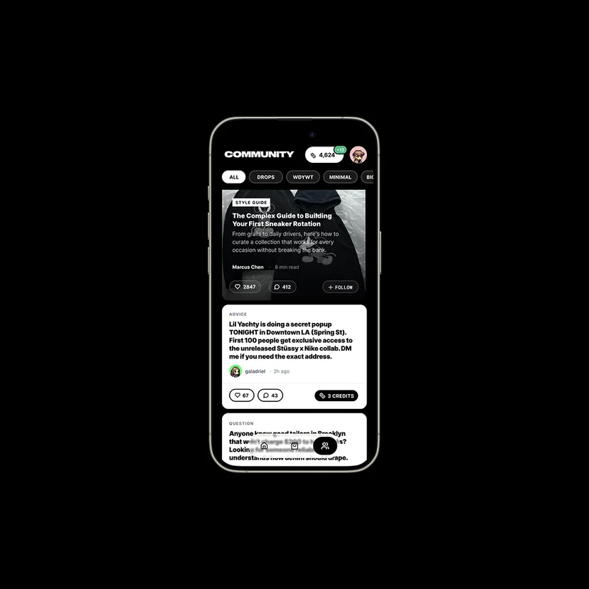 Complex Community shown on a phone: a loyalty and community feed.