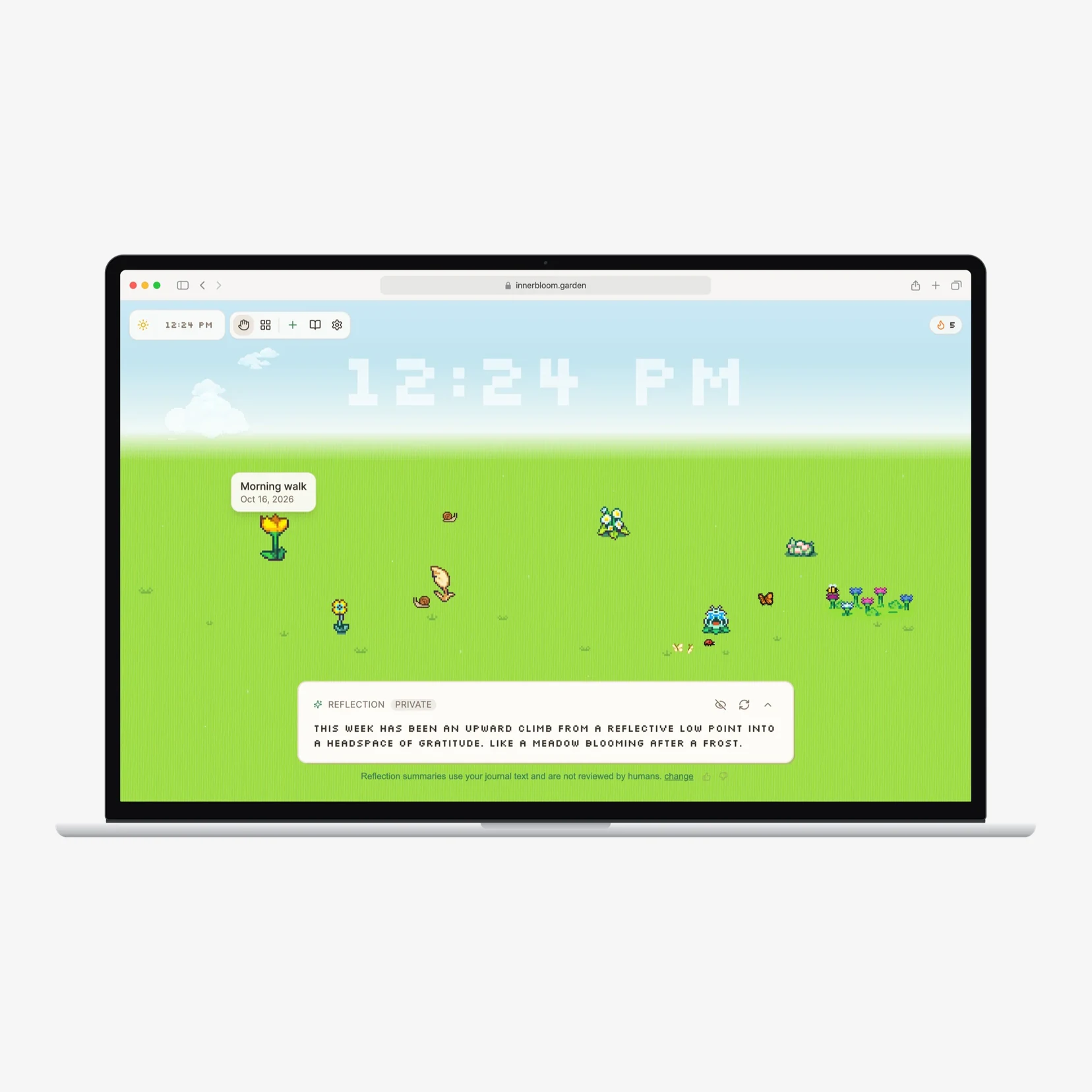Inner Bloom on a laptop: a pixel-art garden at midday, a tooltip over one flower and a reflection below.