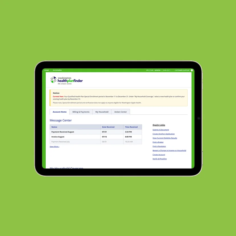 Washington Healthplanfinder shown on a tablet: a document verification screen.